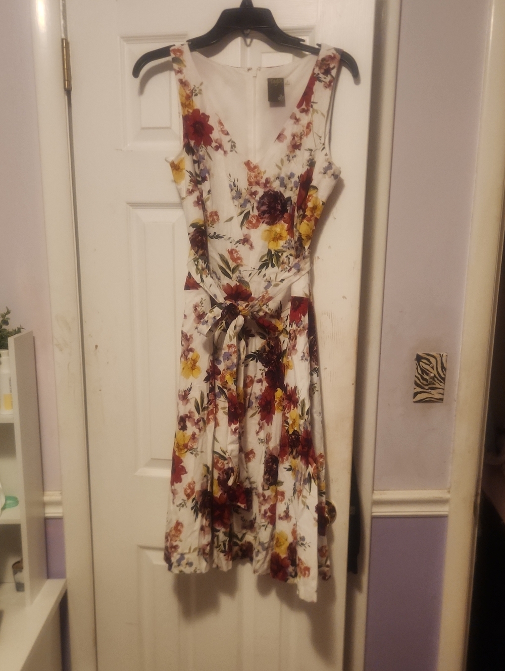 Floral V-Neck Linen Tie-Waist Summer Dress in White with Red & Yellow Blooms